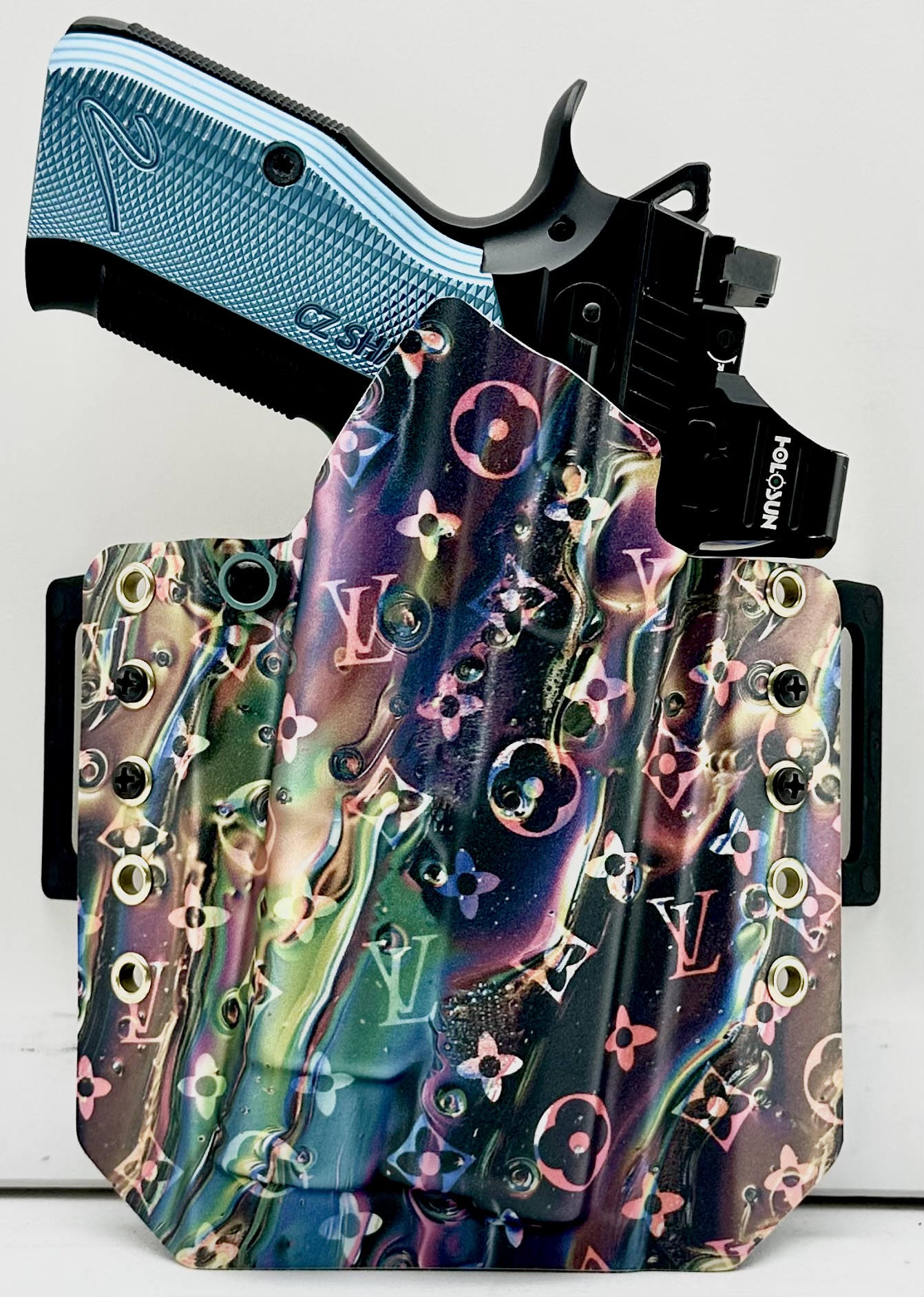 CZ Shadow 2 OWB holster with holographic Louis Vuitton pattern