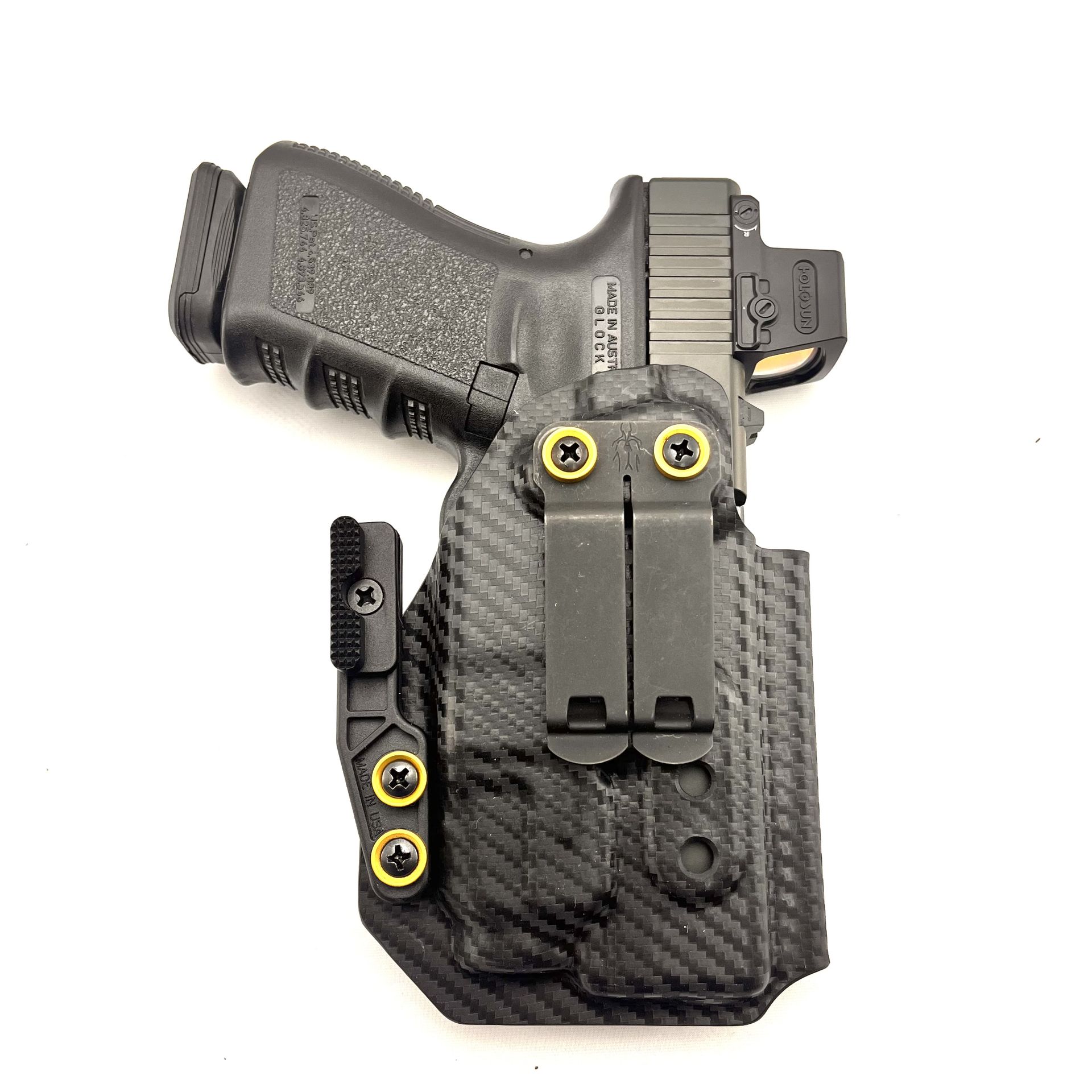 Glock carbon fiber IWB holster with modwing and red dot cut